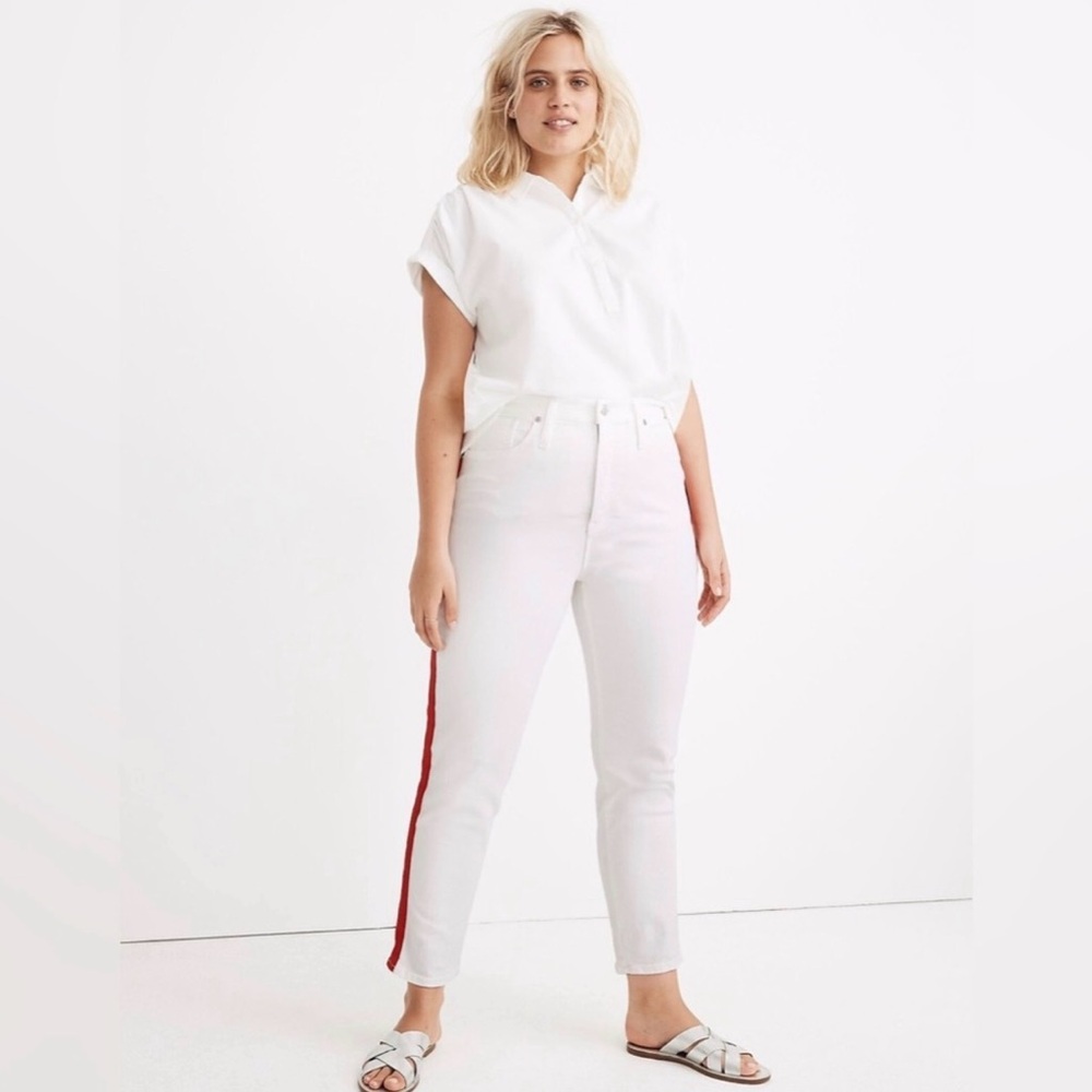 Madewell Stovepipe Jeans Tile‎ White Tuxedo Red Ribbon Stripe 37 Petite Short 24